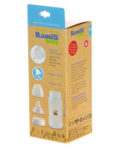 Противоколиковая бутылочка для кормления Ramili Baby 240ML (240 мл, 0+, слабый поток) фото 4